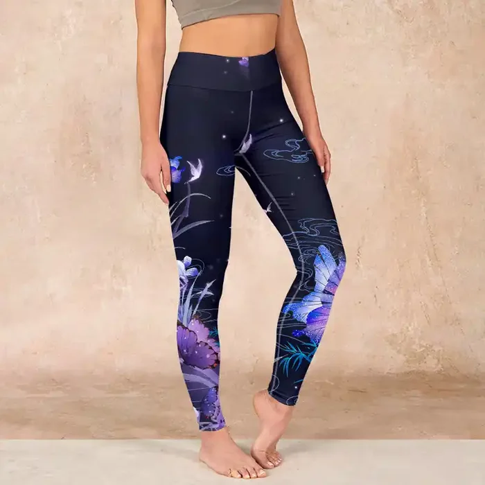 Buddha Stones Midnight Blue Flower Purple Butterfly Exercise Leggings Women‘s Yoga Pants