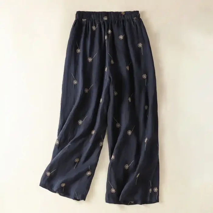 Buddha Stones MidnightBlue Commute Casual Dandelion Pattern Women‘s Wide Leg Cotton Linen Pants