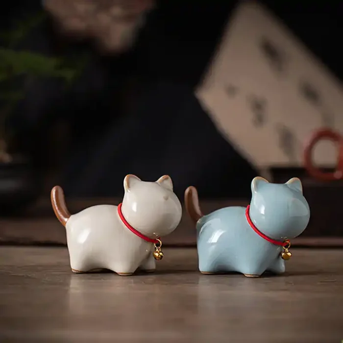 Buddha Stones Mini Lucky Cute Standing Cat Red Rope Bell Ceramic Figurine Decoration