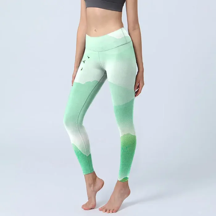 Buddha Stones Mint Cream Mountains Wild Goose Print Sports Leggings Women‘s Yoga Pants