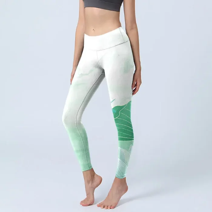 Buddha Stones Mint Green Lotus Leaf Dragonfly Print Exercise Leggings Women‘s Yoga Pants