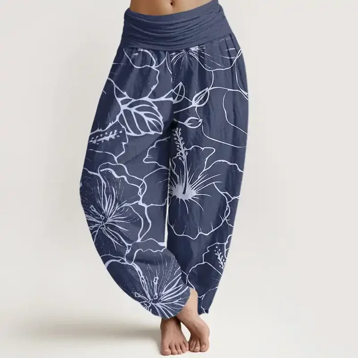 Buddha Stones Morning Glory Flowers Pattern Design Women‘s Elastic Waist Harem Pants