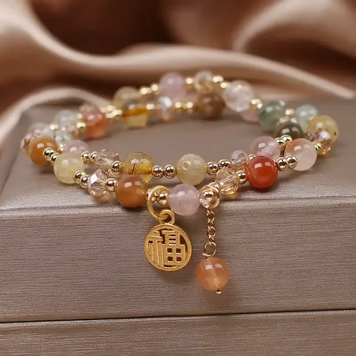Buddha Stones Multicolored Rutilated Quartz Fu Character Auspiciousness Bracelet