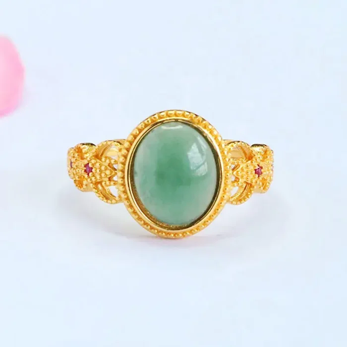 Buddha Stones Natural 925 Sterling Silver Plated Gold Hollow Design Jade Luck Ring