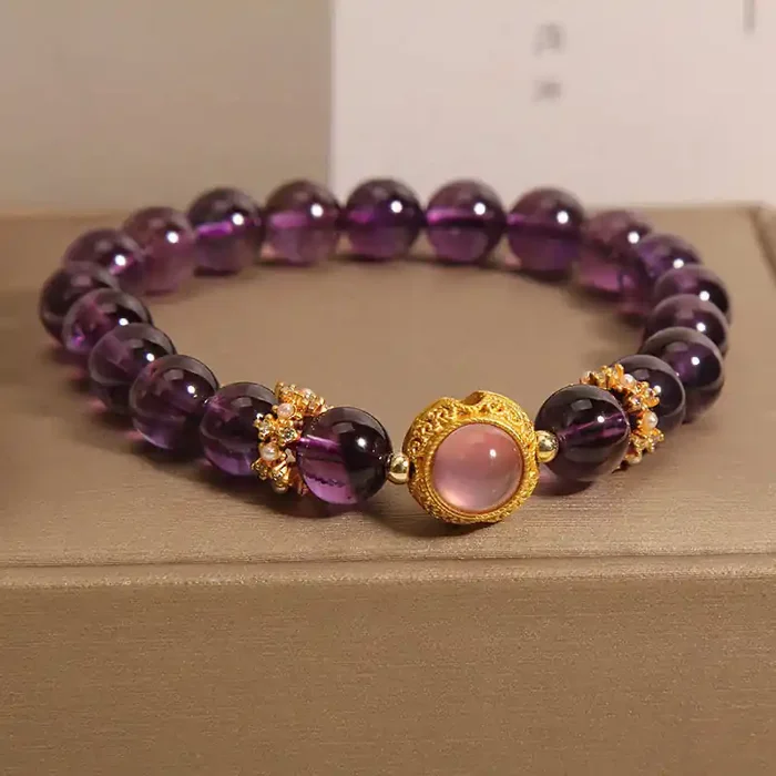 Buddha Stones Natural Amethyst Strawberry Quartz Beads Healing Bracelet