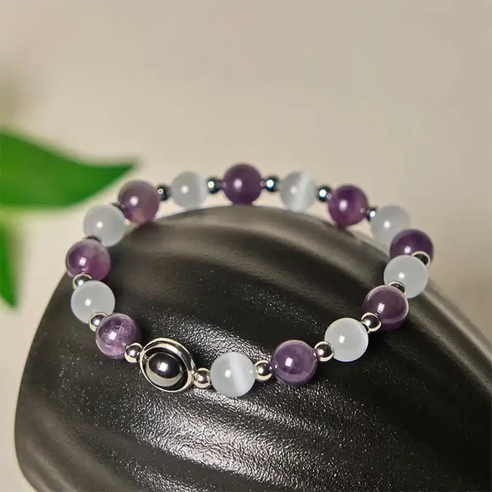 Buddha Stones Natural Amethyst White Cat‘s Eye Beads Balance Bracelet