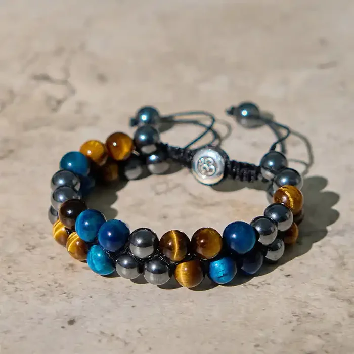 Buddha Stones Natural Blue Tiger Eye Black Magnetite Om Pattern Double Row Beads Strength Bracelet