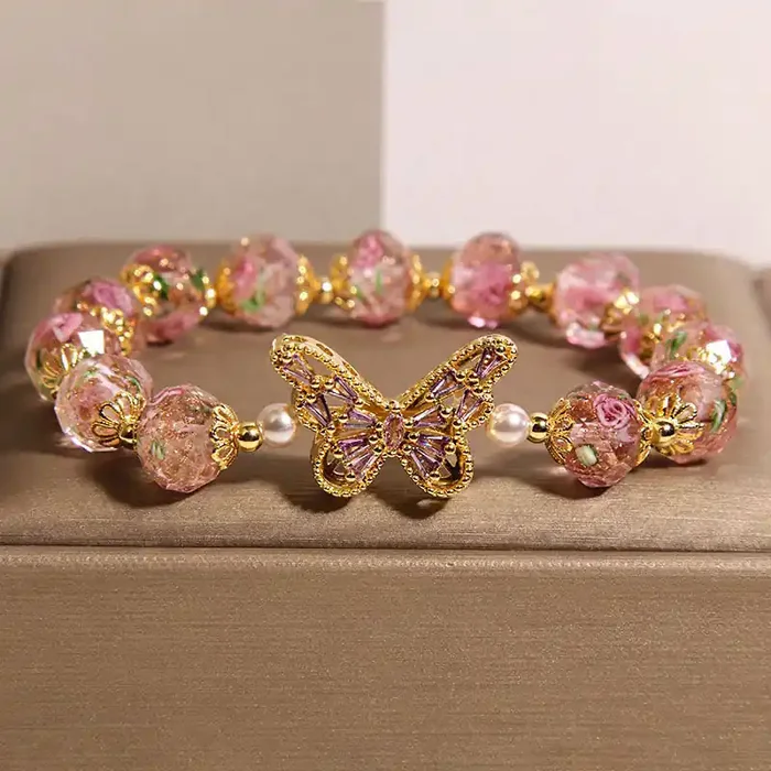 Buddha Stones Natural Butterfly Rose Design Pink Crystal Warmth Bracelet