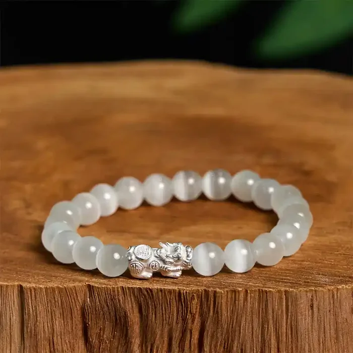 Buddha Stones Natural Cat‘s Eye Beads 990 Sterling Silver Pixiu Positive Bracelet