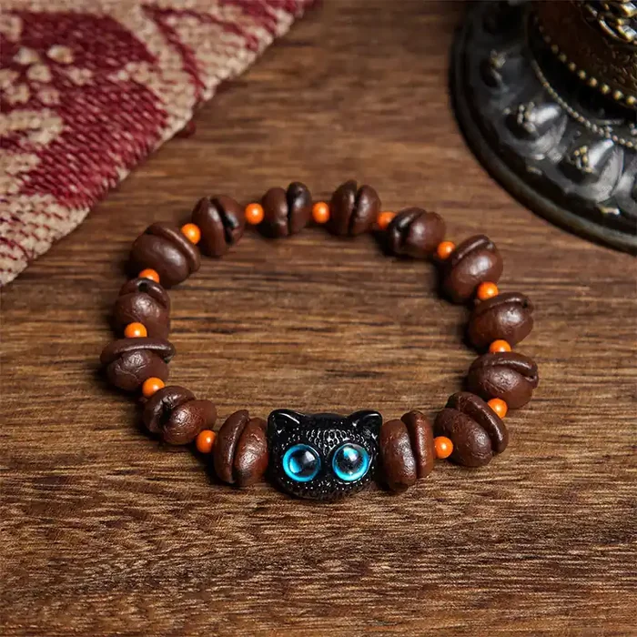 Buddha Stones Natural Cute Cat Coffee Beans Bracelet