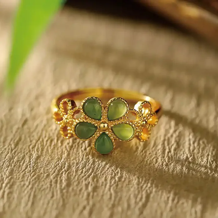 Buddha Stones Natural Hetian Jade 925 Sterling Silver Plated Gold Flower Adjustable Prosperity Ring