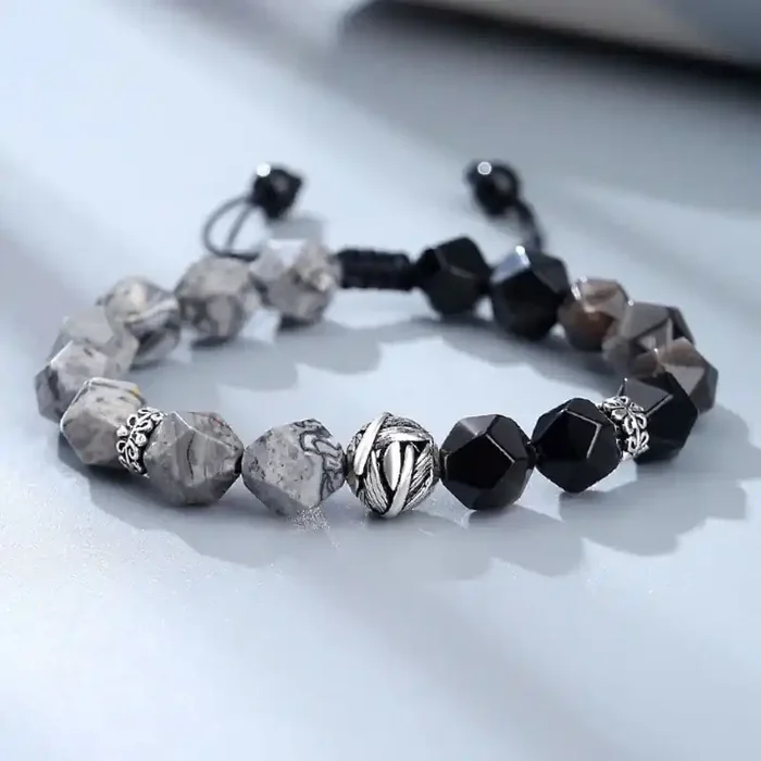 Buddha Stones Natural Irregular Cut Obsidian Grey Jasper 925 Sterling Silver Rolled Leaf Bead Protection Bracelet