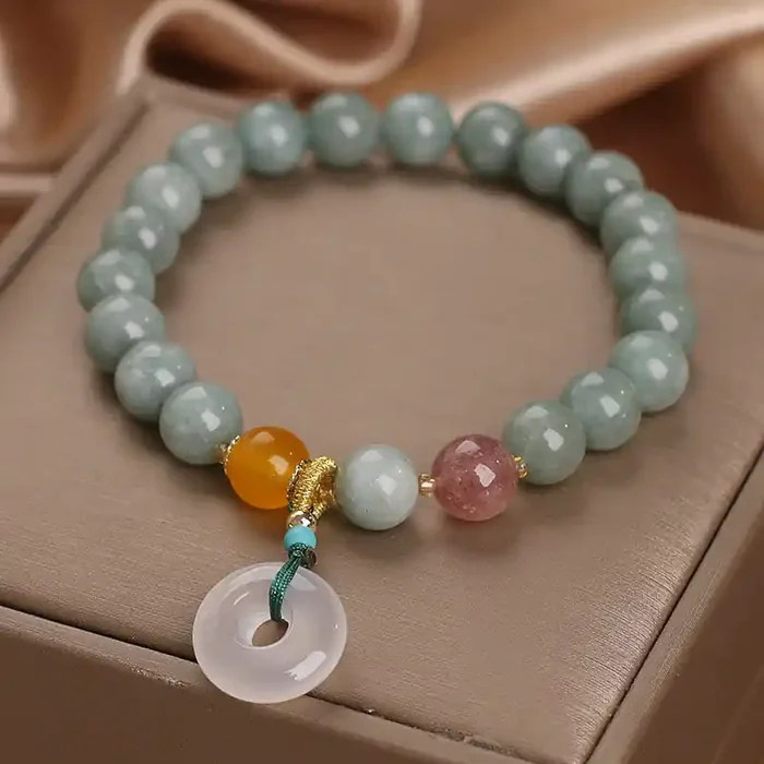 Buddha Stones Natural Jade Strawberry Quartz Bead Peace Buckle Prosperity Bracelet