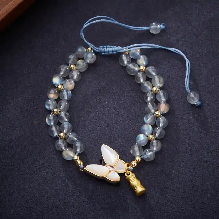 Buddha Stones Natural Moonstone Butterfly Bamboo Healing String Bracelet