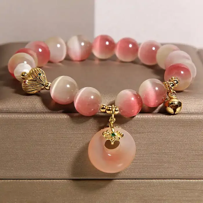 Buddha Stones Natural Peace Buckle Gradient Pink Cat‘s Eye Yanyuan Agate Peace Bracelet