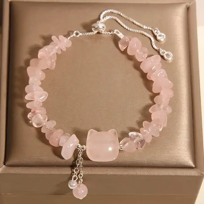 Buddha Stones Natural Pink Crystal Agate Gravel Stone Cat Head Soothing Bracelet