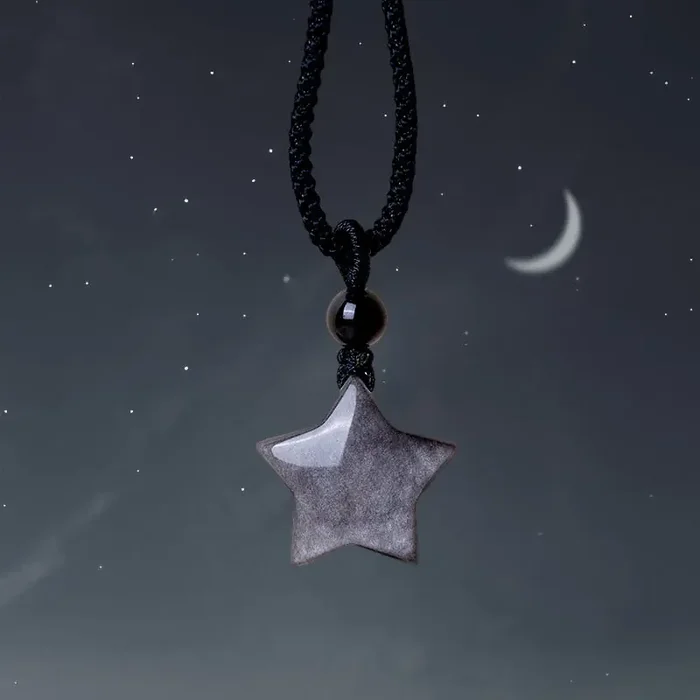 Buddha Stones Natural Silver Sheen Obsidian Star Crescent Moon Protection Necklace Pendant