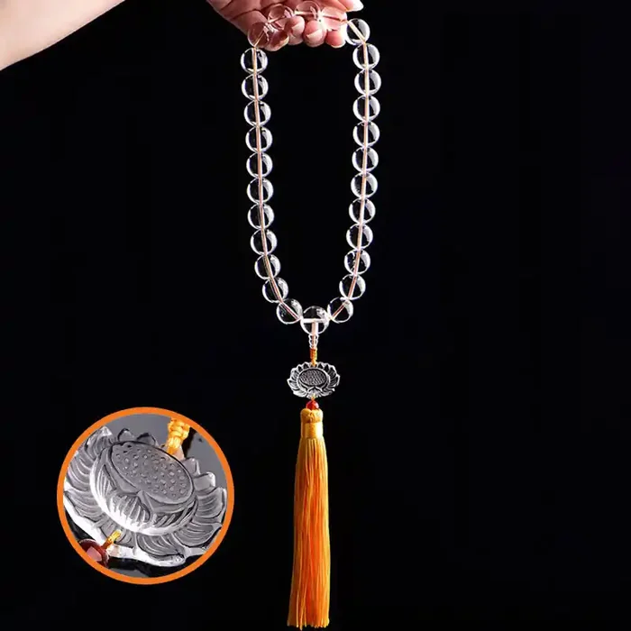 Buddha Stones Natural White Crystal Lotus Wrist Mala Meditation Tassels Pocket Mala Car Decoration