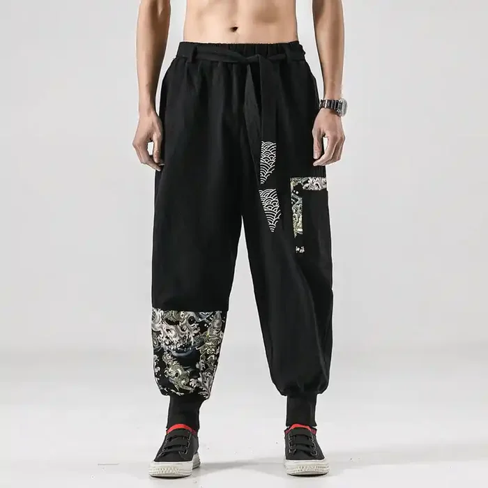 Buddha Stones Ocean Waves Lace-up Cotton Men‘s Harem Pants With Pockets