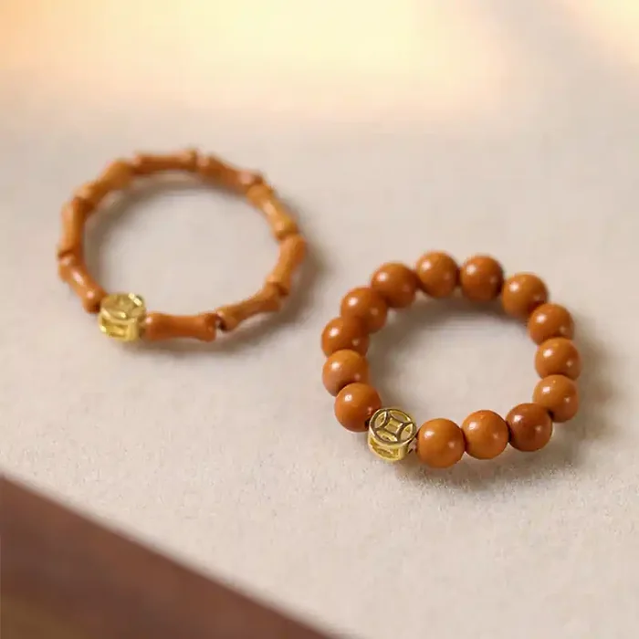 Buddha Stones Olive Pit Bead Copper Coin Inner Strength Ring