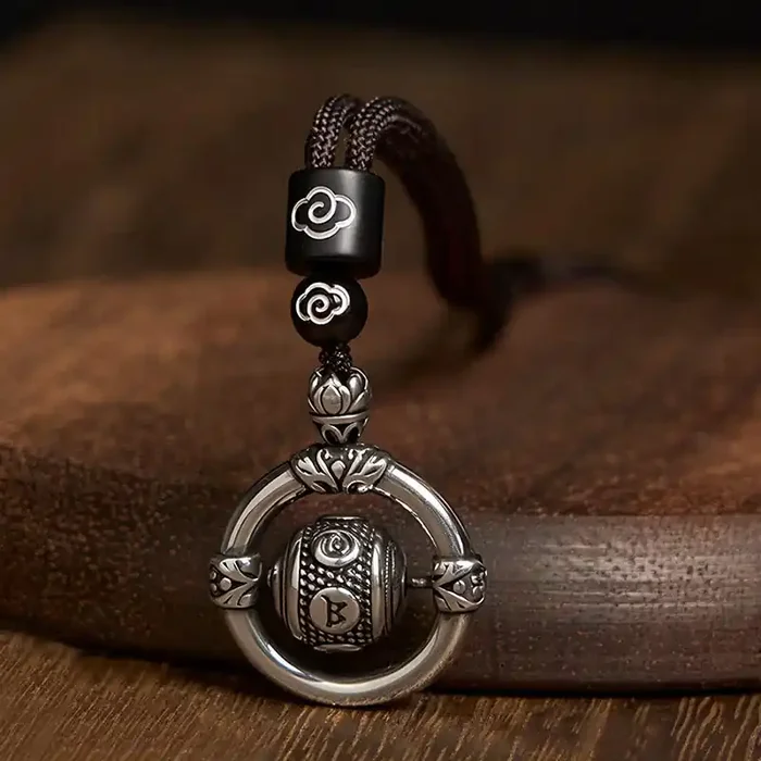 Buddha Stones Om Mani Padme Hum Copper Plated Silver Wealth Rotating Necklace Pendant