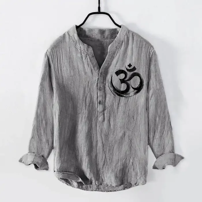Buddha Stones Om Symbol Pattern Half Buttons Men‘s Cotton Linen Long Sleeve Shirt