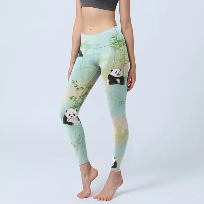 Buddha Stones Pandas Bamboo Print Gym Leggings Women‘s Yoga Pants