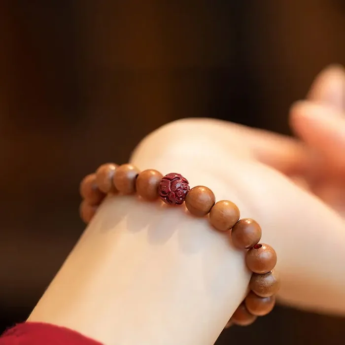 Buddha Stones Peach Wood Lotus Cinnabar Luck Wealth Bracelet
