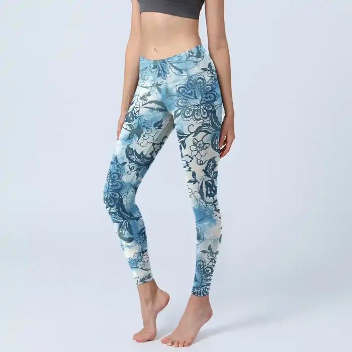 Buddha Stones Peony Chrysanthemum Print Gym Leggings Women‘s Yoga Pants