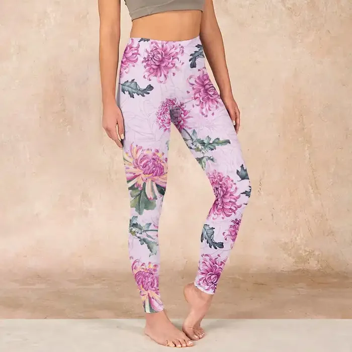 Buddha Stones Pink Chrysanthemum Gym Leggings Women‘s Yoga Pants