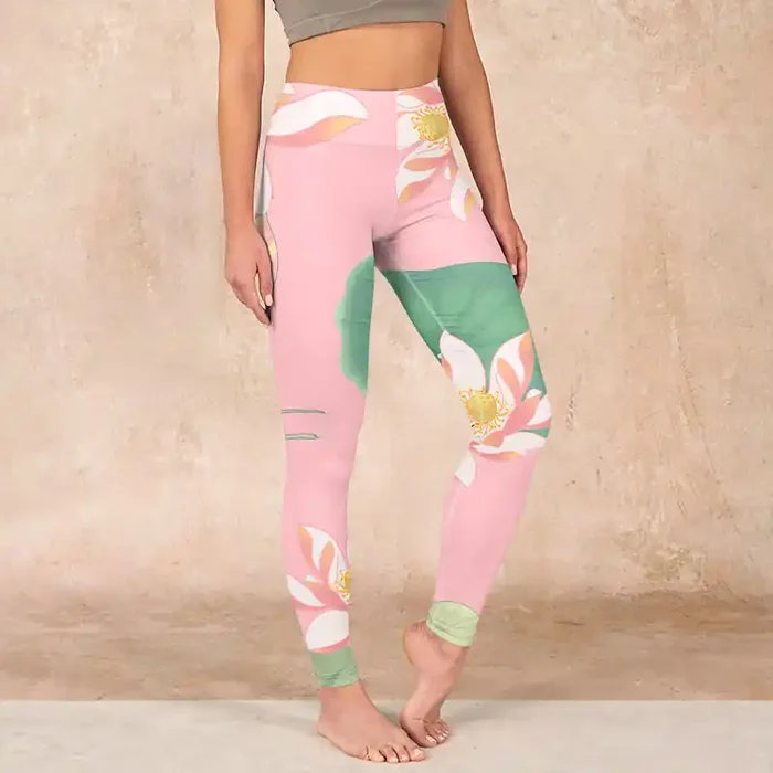 Buddha Stones Pink Lotus Flower Leaf Print Gym Fitness Leggings Women‘s Yoga Pants