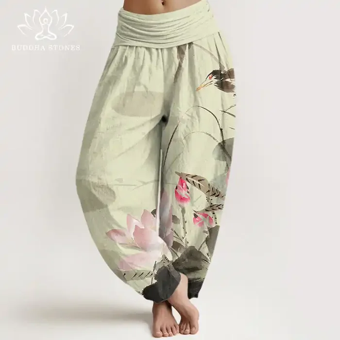 Buddha Stones Pink Lotus Leaves Bird Pattern Women‘s Elastic Waist Harem Pants