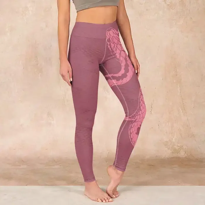 Buddha Stones Pink Snake And Snakeskin Print Gym Leggings Women‘s Yoga Pants