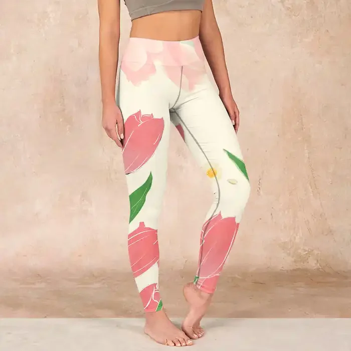Buddha Stones Pink Tulip Flower Print Gym Fitness Leggings Women‘s Yoga Pants