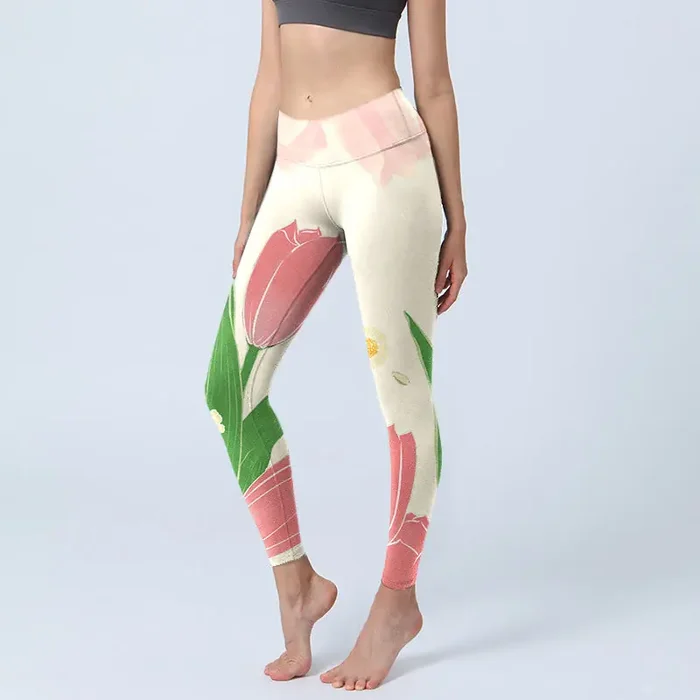 Buddha Stones Pink Tulip Flower Print Gym Fitness Leggings Women‘s Yoga Pants