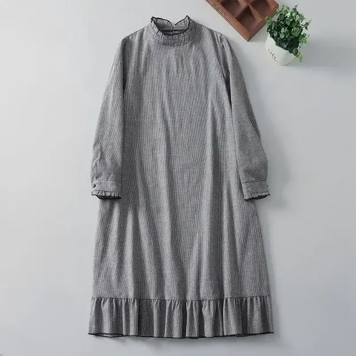 Buddha Stones Plaid Pattern Pleated Ruffled Design Long Sleeve Cotton Midi Dress With Pockets