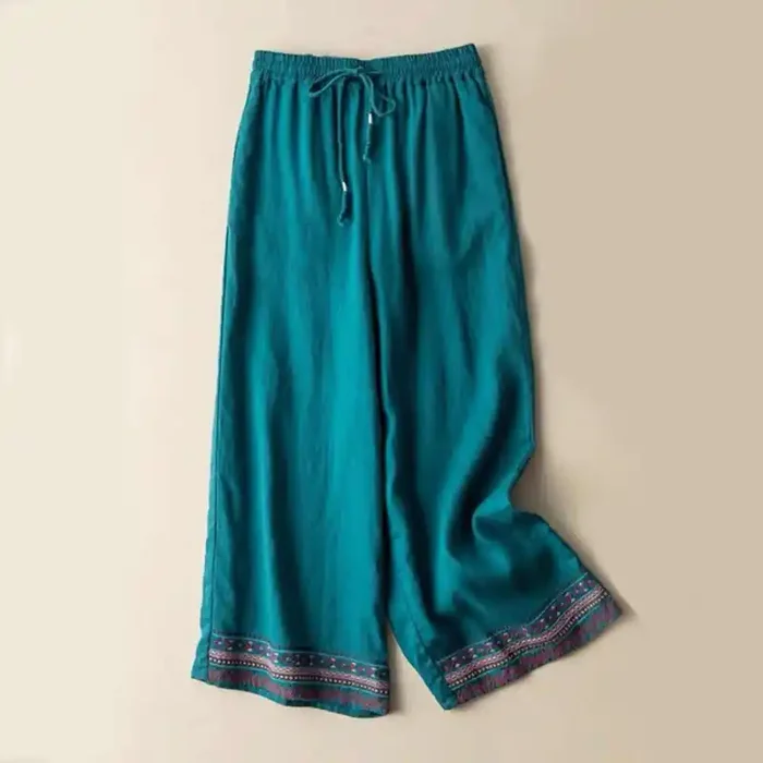 Buddha Stones Plain Bohemian Stripes Women‘s Wide Leg Cotton Pants With Pockets