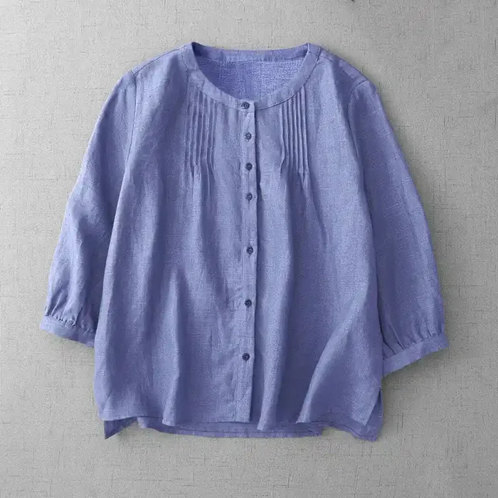 Buddha Stones Plain Button Pleated Design Crew Neck Three Quarter Sleeve Women‘s Cotton Shirt