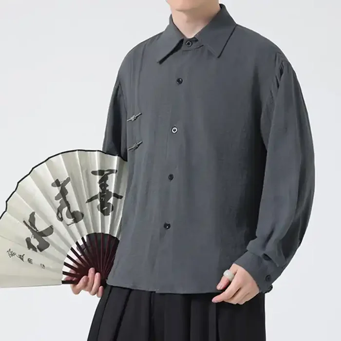 Buddha Stones Plain Buttons Stand Collar Long Sleeve Men‘s Cotton Shirt