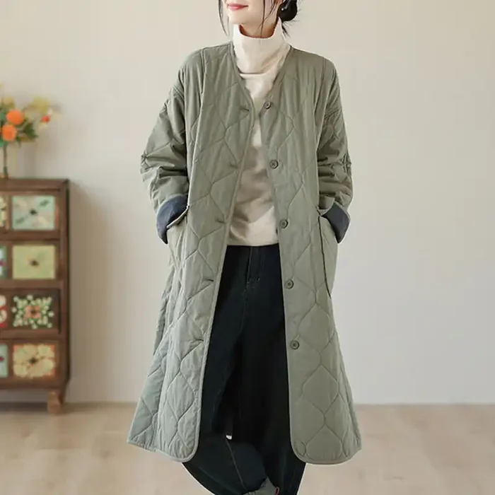 Buddha Stones Plain Buttons Women‘s Cotton Padded Coat With Pockets