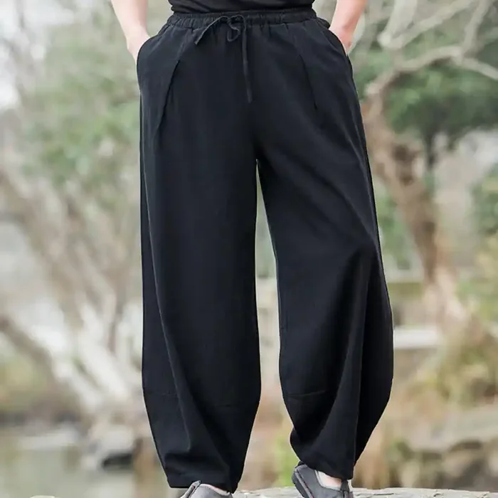 Buddha Stones Plain Casual Cotton Bloomer Men‘s Pants With Pockets