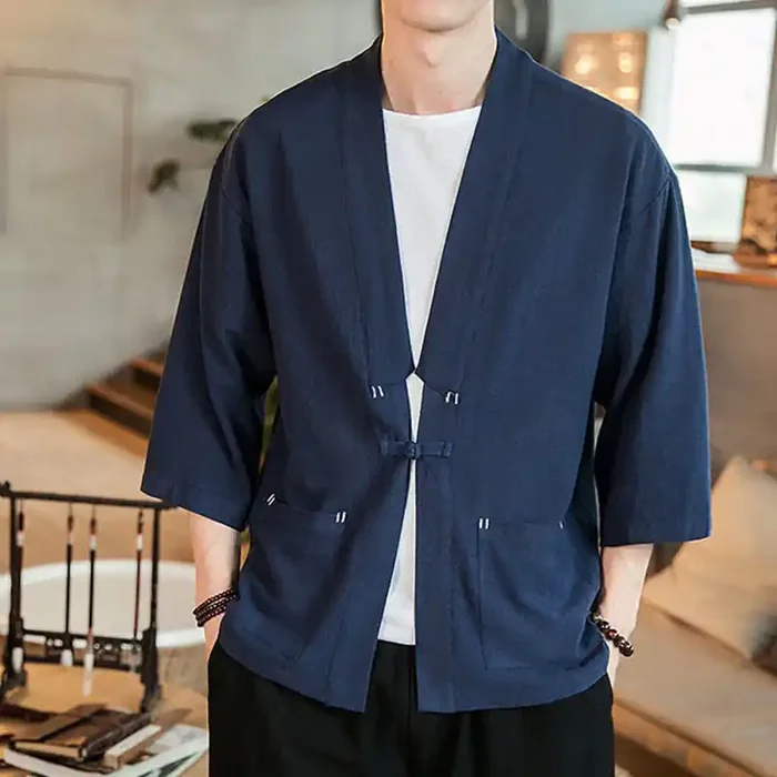 Buddha Stones Plain Chinese Frog-Button Jacket Cotton Linen Men‘s Three Quarter Sleeve Kimono