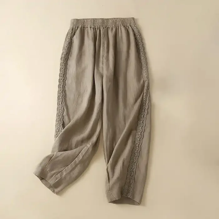 Buddha Stones Plain Color Flower Embroidery Side Linen Women‘s Pants With Pockets