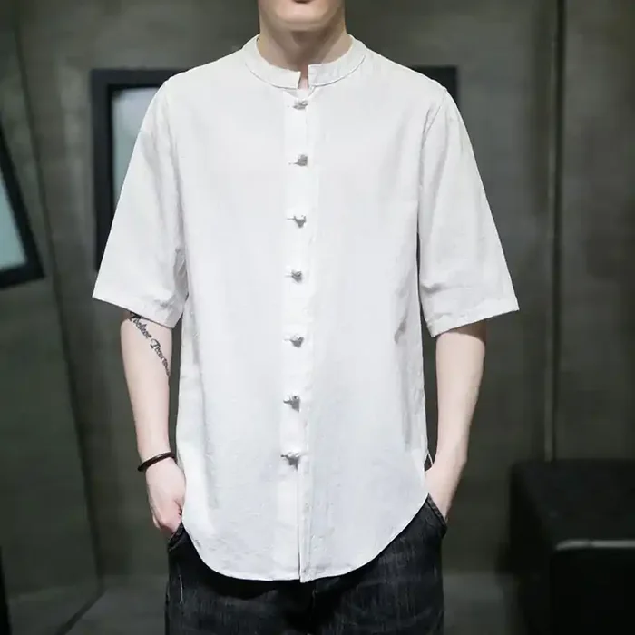 Buddha Stones Plain Color Men‘s Half Sleeve Cotton Shirt