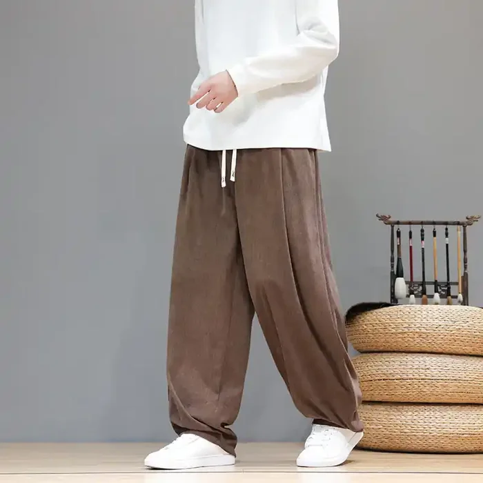 Buddha Stones Plain Color Pure Cotton Corduroy Men‘s Harem Pants With Pockets