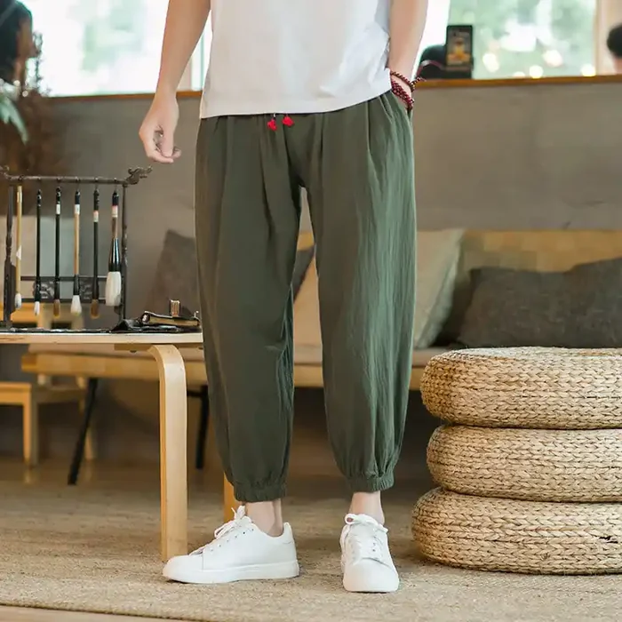 Buddha Stones Plain Color Red Drawstring Linen Men‘s Pants With Pockets