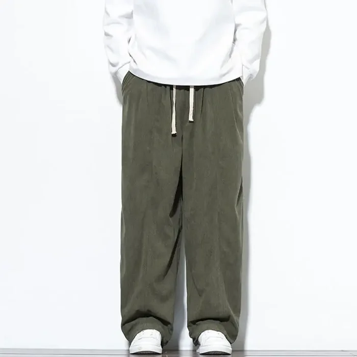 Buddha Stones Plain Drawstring Pure Cotton Corduroy Men‘s Harem Pants With Pockets