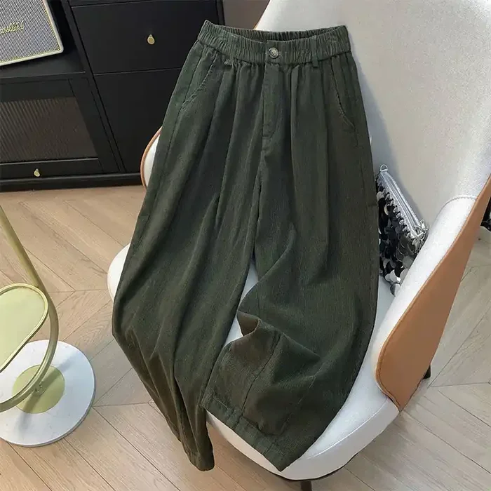 Buddha Stones Plain Elastic Waistband Design Women‘s Wide Leg Corduroy Cotton Pants With Pockets