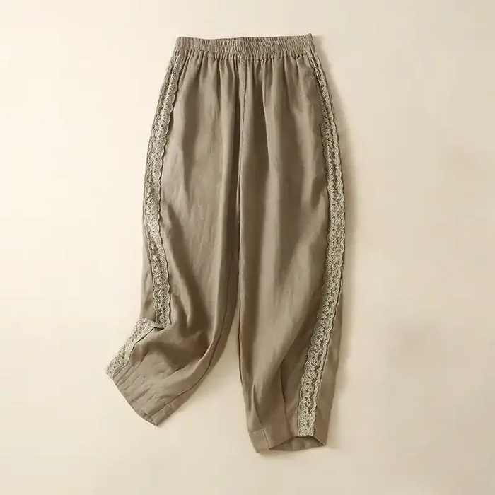 Buddha Stones Plain Lace Women‘s Harem Cotton Linen Pants With Pockets