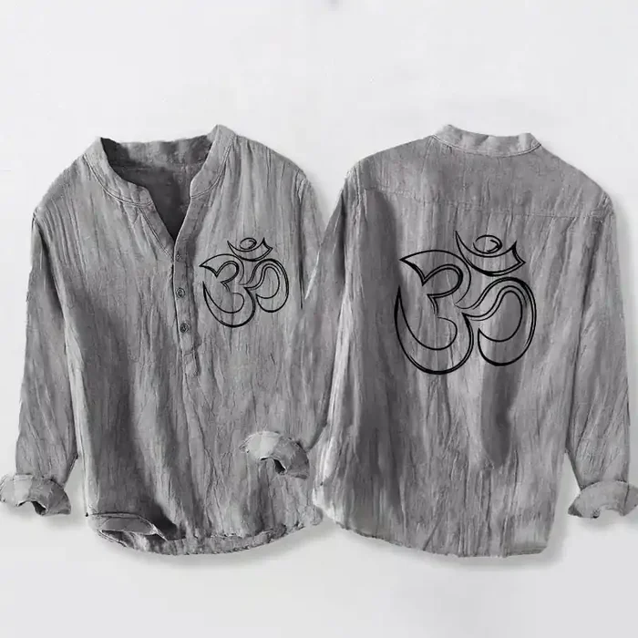 Buddha Stones Plain Om Symbol Pattern Half Buttons Design Men‘s Cotton Linen Long Sleeve Shirt